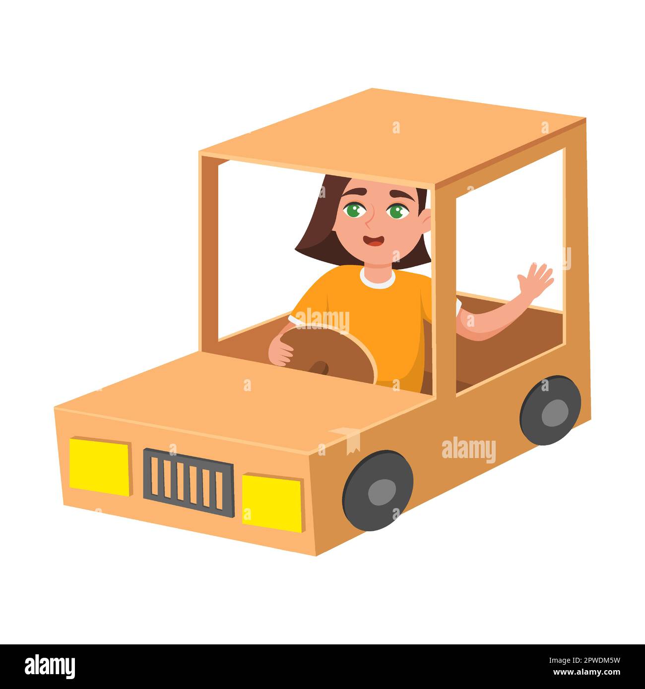 Kid with costume driver and car from cardboard boxe vector illustration. Creative cartoon child in cardboard boat isolated on white background Stock Vector