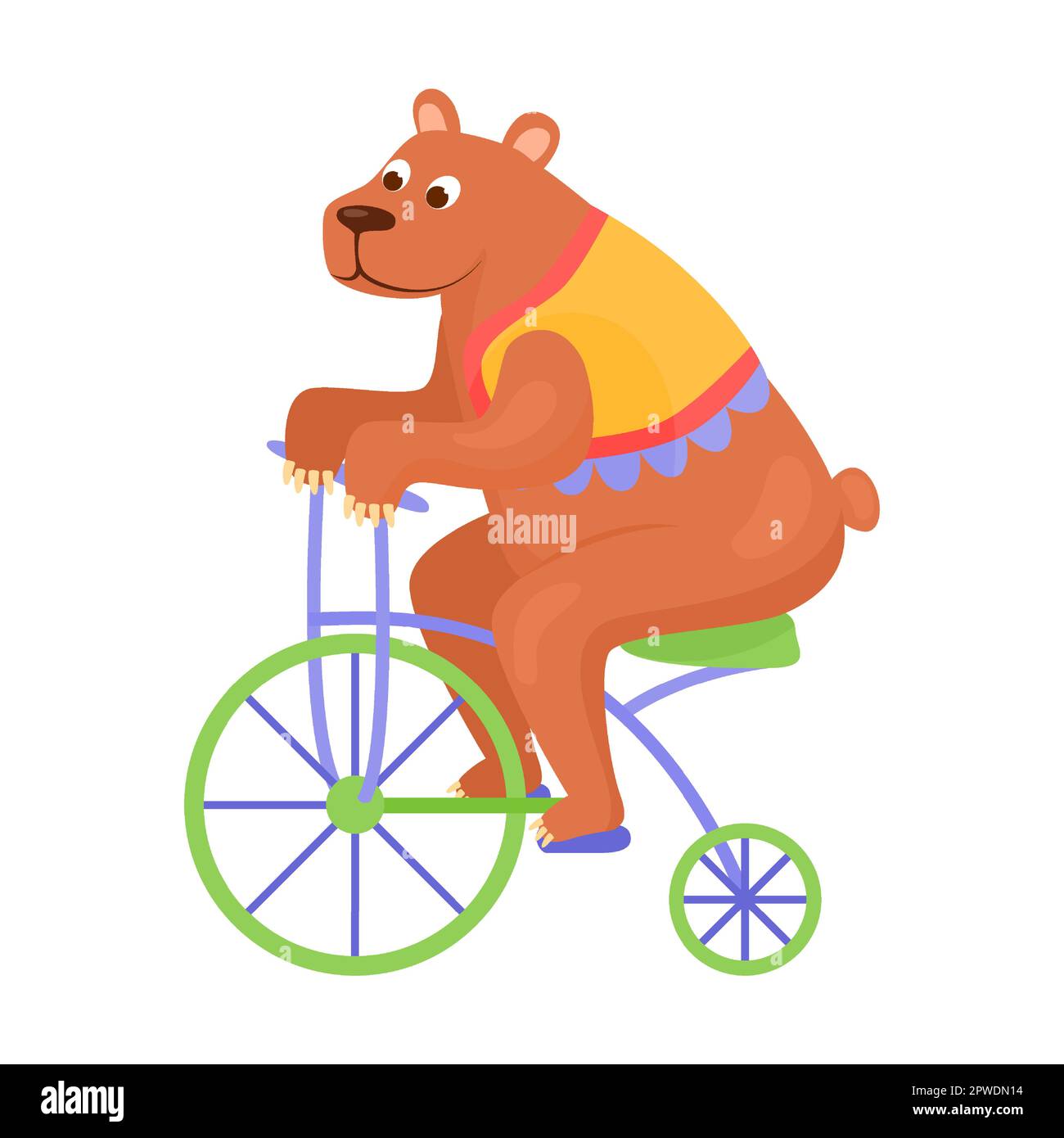 Funny bear on a bike on circus show. Vector illustration of carnival