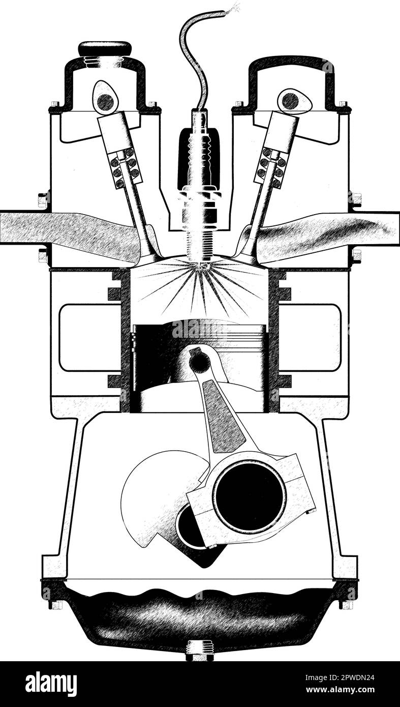 A cutaway pencil style drawing of a 4 strokee engine on white Stock Photo