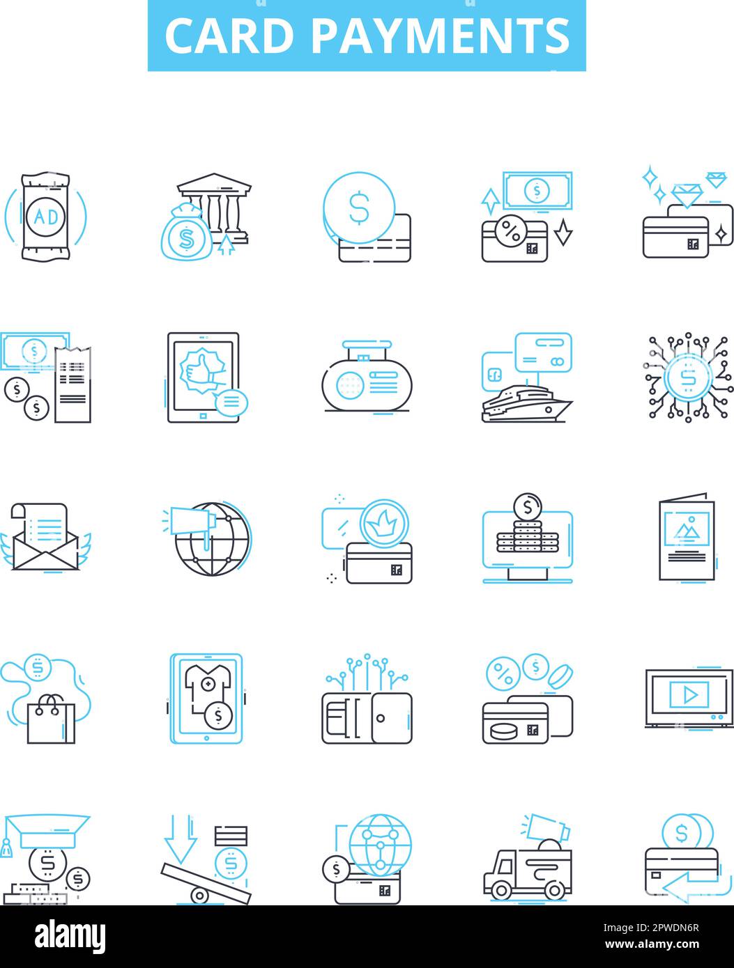 Card payments vector line icons set. Card, Payments, Credit, Debit, Visa, Mastercard, American Express illustration outline concept symbols and signs Stock Vector
