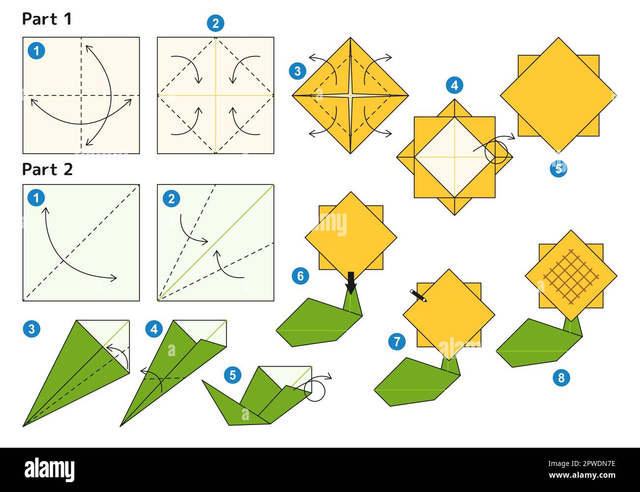 Origami tutorial for kids. Origami cute sunflower Stock Vector Image