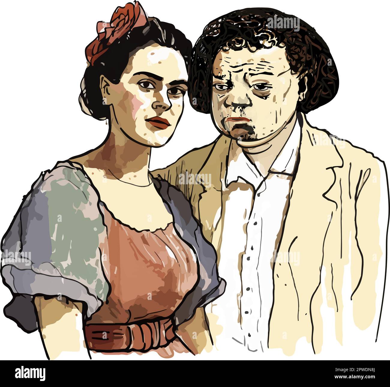 Vector watercolor of two artists Frida Kahlo and Diego Rivera. Stock Vector