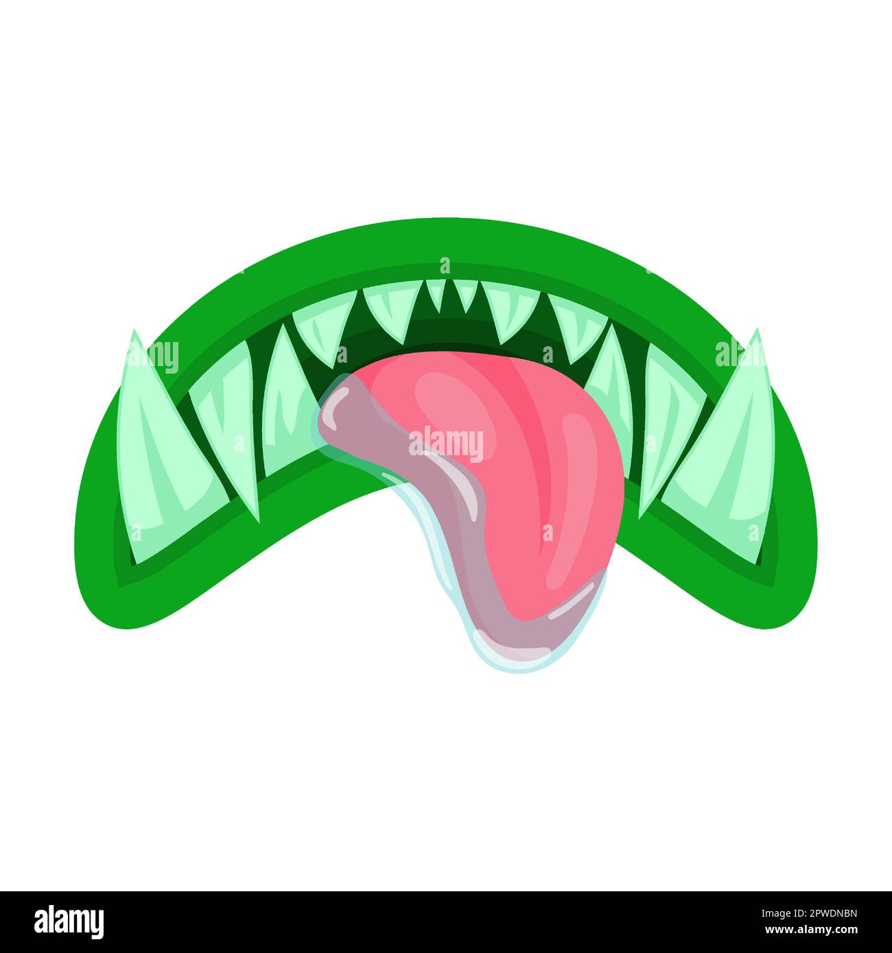 monster mouth with tongue and fangs cartoon vector illustration. Cute and scary goblin, gremlin, aliens mouths with tongue, decayed sharp teeth Stock Vector