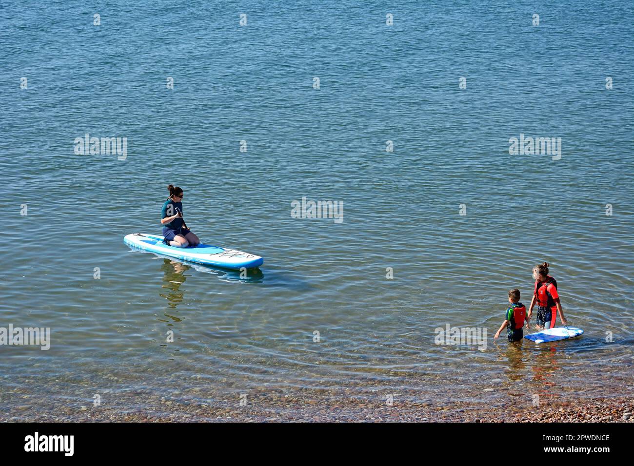 Holidaymakers paddleboarding in the sea, Sidmouth, Devon, UK, Europe. Stock Photo