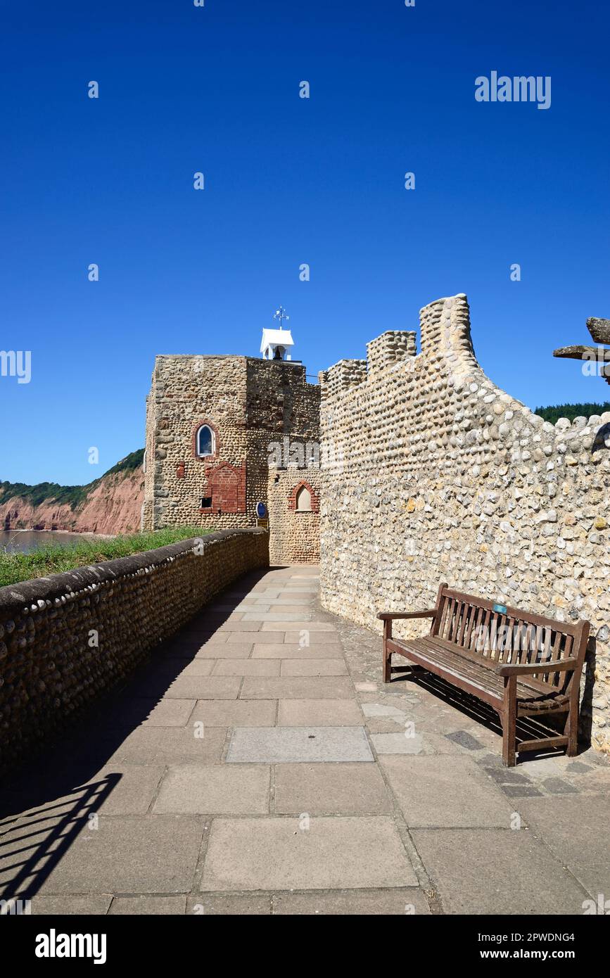 Elevated view of the castle type building at Connaught Gardens overlooking the sea and cliffs, Sidmouth, Devon, UK, Europe. Stock Photo
