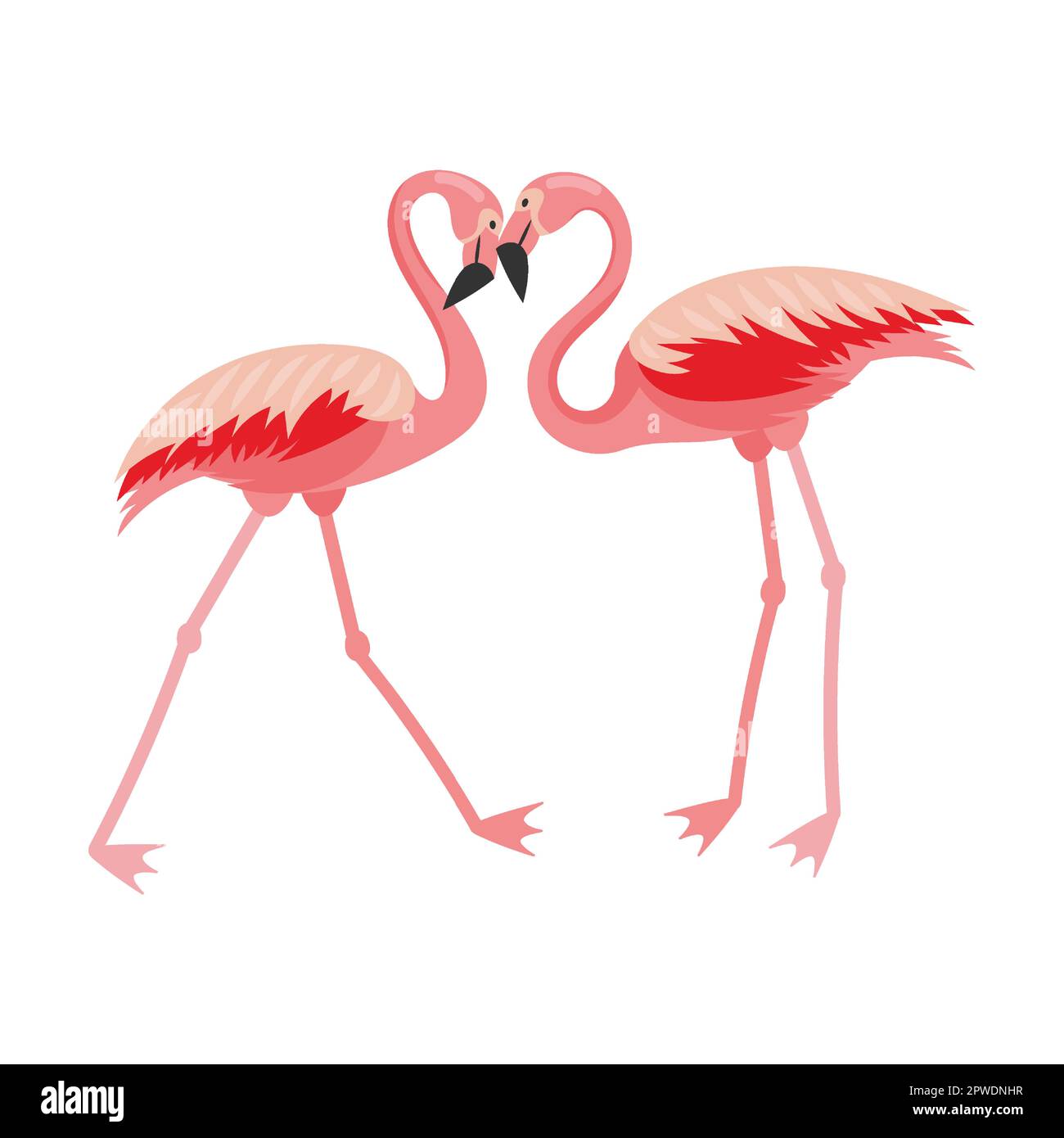 Flamingo birds kiss in shape of heart, cartoon vector illustration. Pink bird flying, standing, eating, showing love. Vacation, wildlife Stock Vector