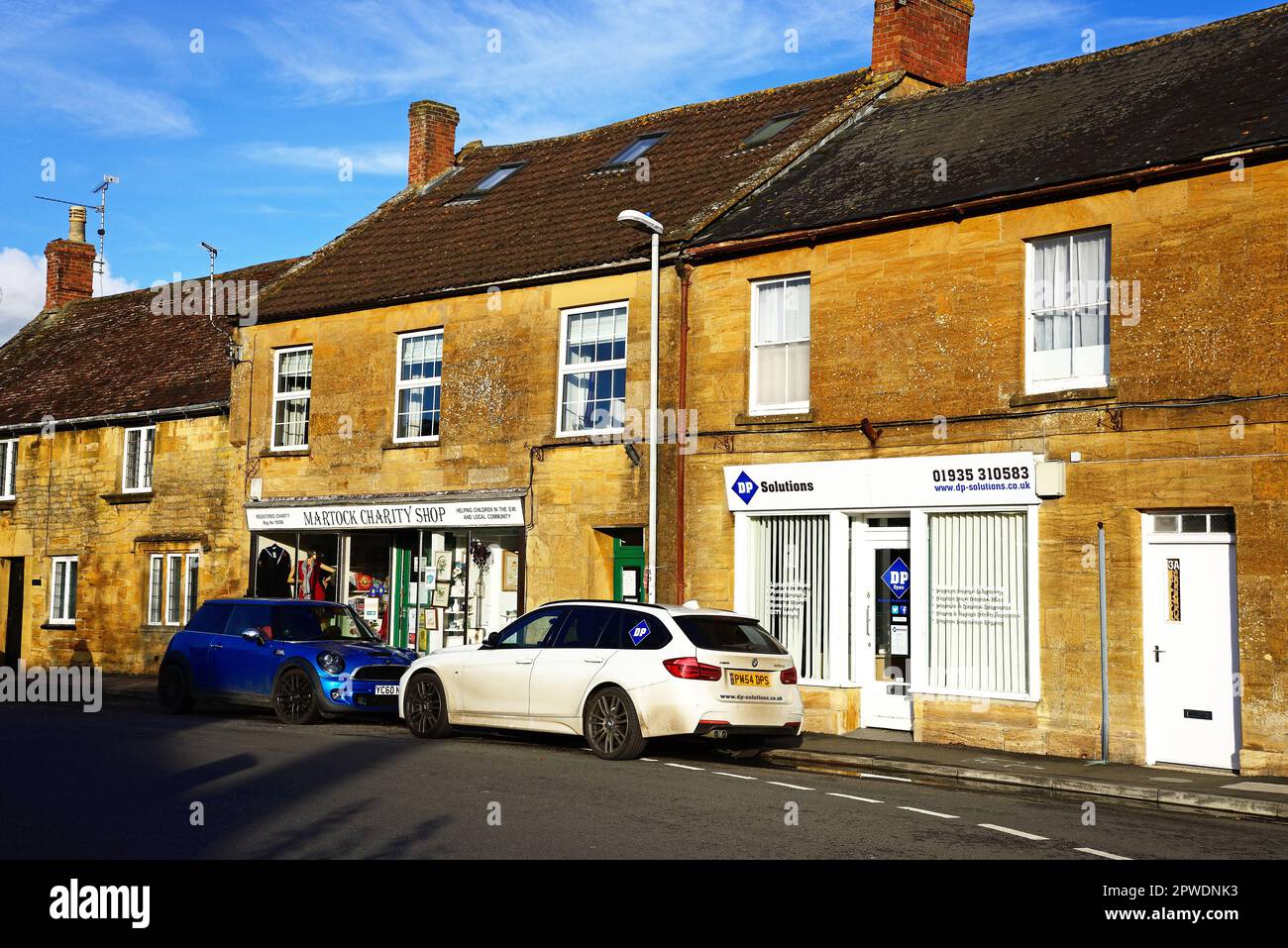 View of shops along North Street in the village centre, Martock, Somerset, UK, Europe. Stock Photo
