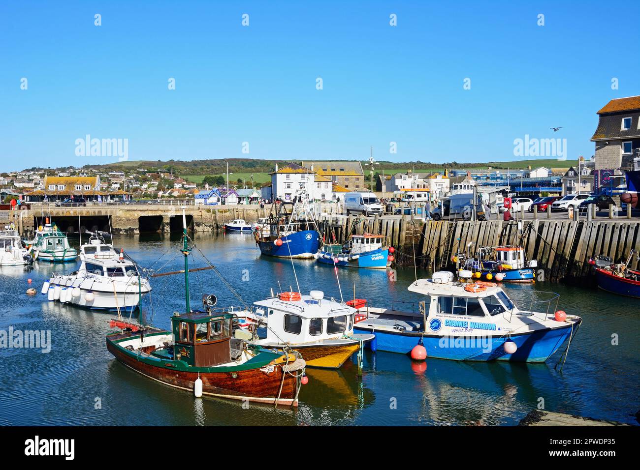 Fishing boats moored in the harbour with town buildings to the rear, West Bay, Dorset, UK, Europe. Stock Photo