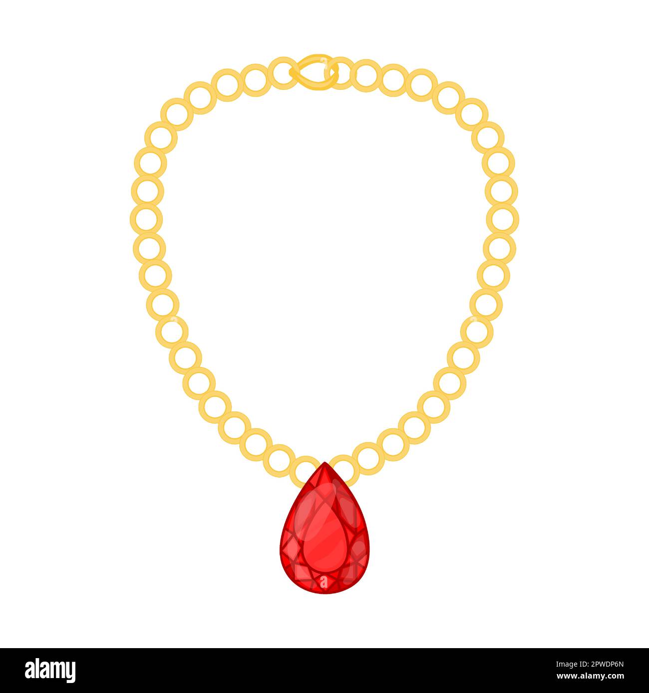 gold necklace with a large ruby, jewelry vector illustration. Gold, silver, pearl jewellery. Stone or diamond rings, earrings, bracelets Stock Vector