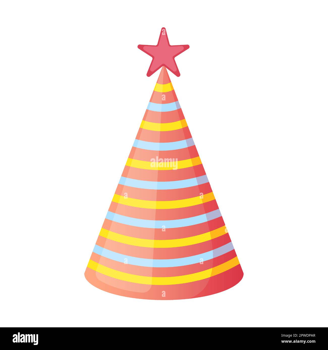 Cone colorful cap with stripes and star at top for happy birthday party. Vector illustration of