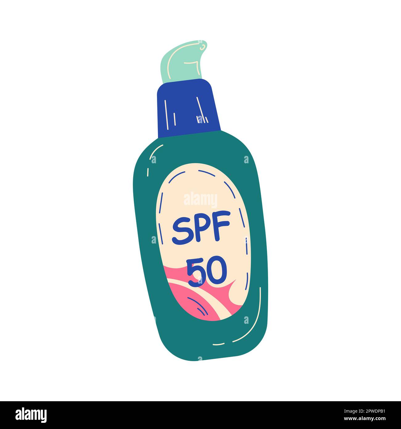 Green bottle of sunblock lotion with label vector illustration Stock