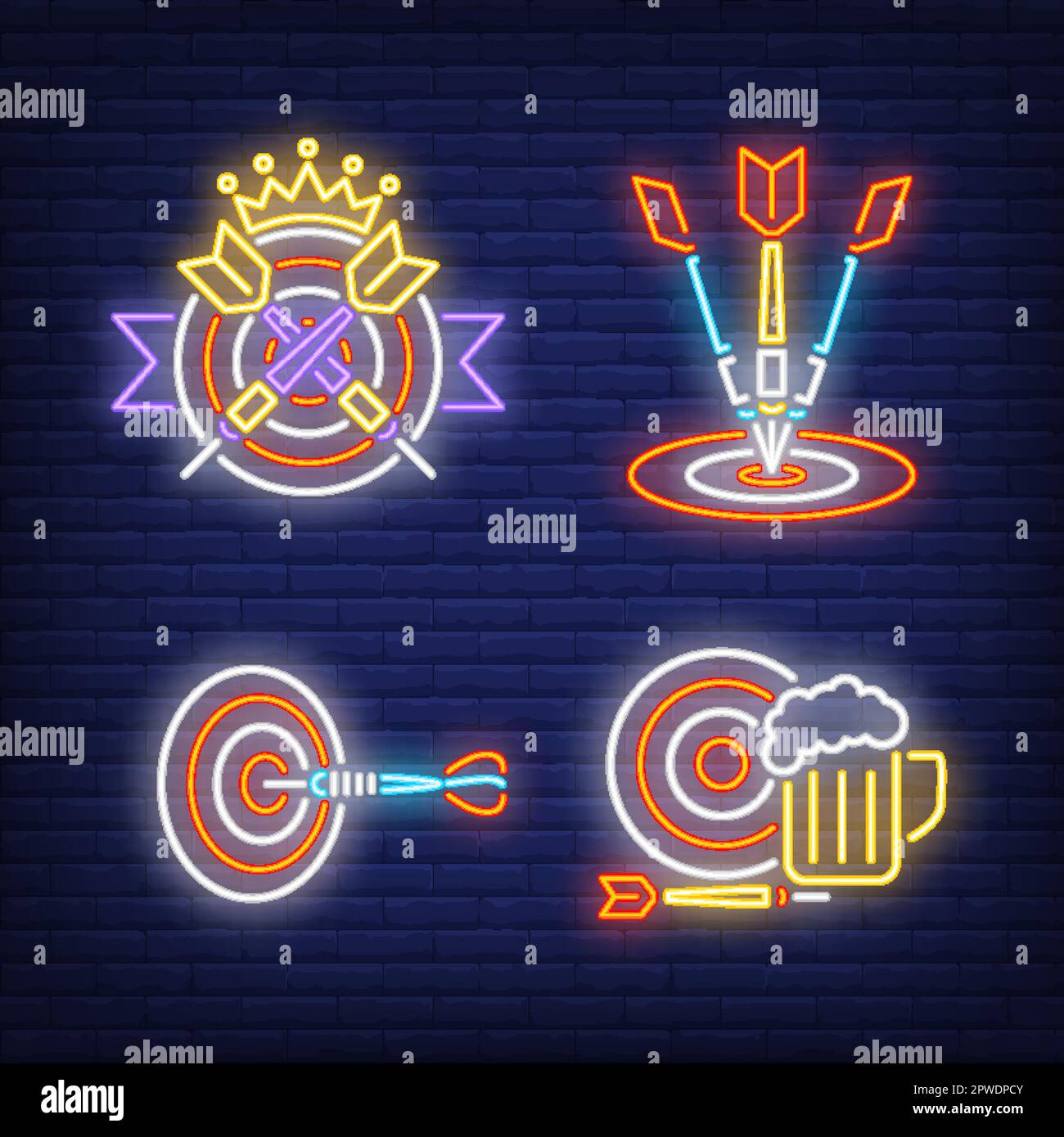 Darts hitting targets, crown and beer mug neon signs set Stock Vector