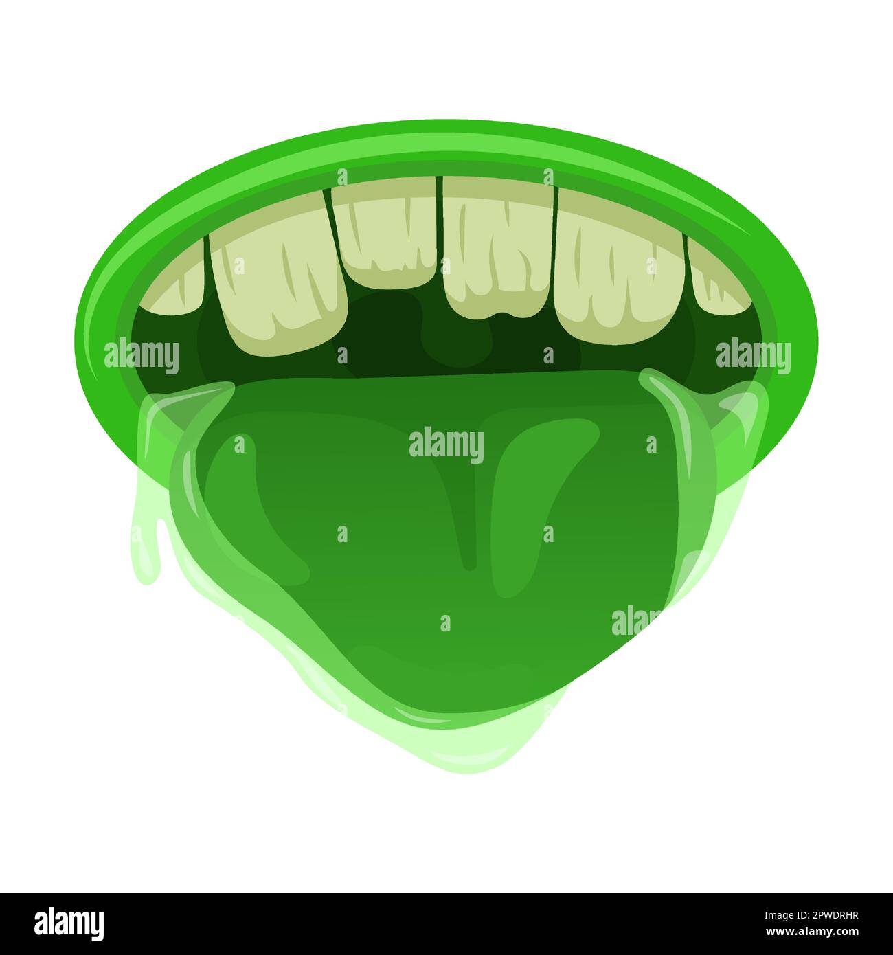 monster mouth green with crooked teeth, cartoon vector illustration. Cute and scary goblin, gremlin, aliens mouths with tongue Stock Vector