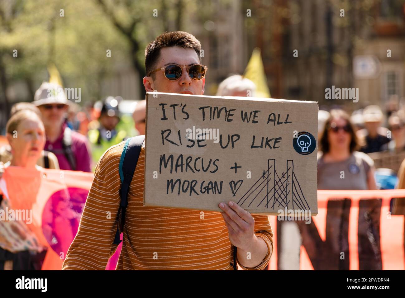 London, UK. 29 April 2023. Just Stop Oil march from Parliament Square in solidarity to the 9 climate protesters currently imprisoned in the UK, which include Marcus Decker and Morgan Trowland. Credit: Andrea Domeniconi/Alamy News Stock Photo