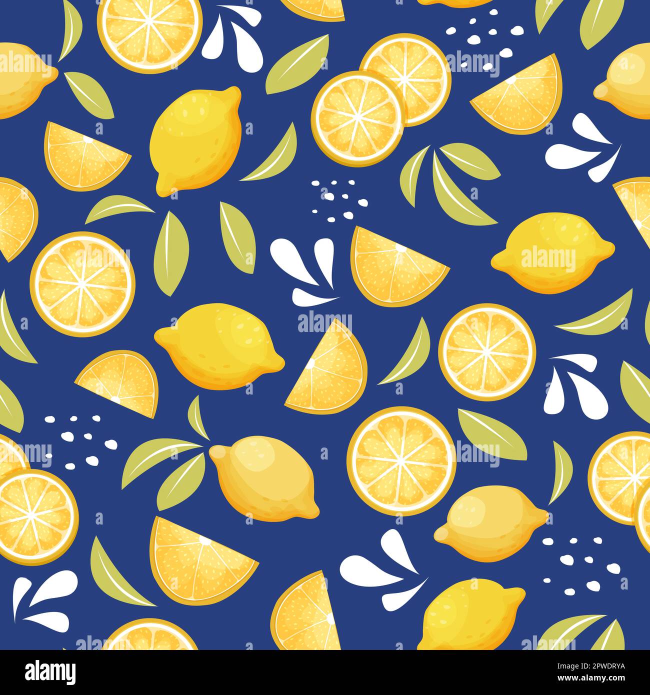 Lemon tropical citrus seamless pattern with leaves, slices in cartoon ...