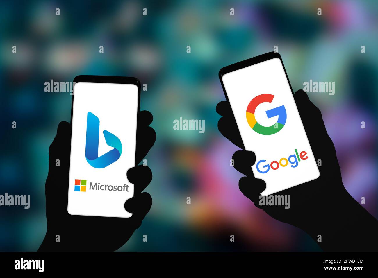 Microsoft Bing and Google application displayed on smartphone Stock Photo