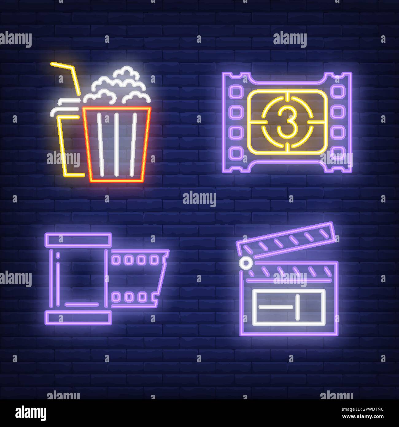 Popcorn, drink, film and movie clapper neon signs set Stock Vector ...