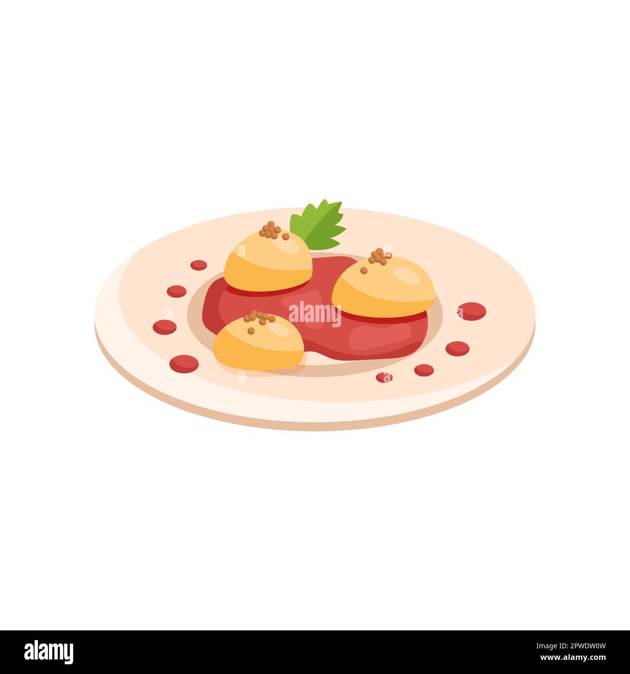 Molecular yellow and red food on plate cartoon illustration Stock