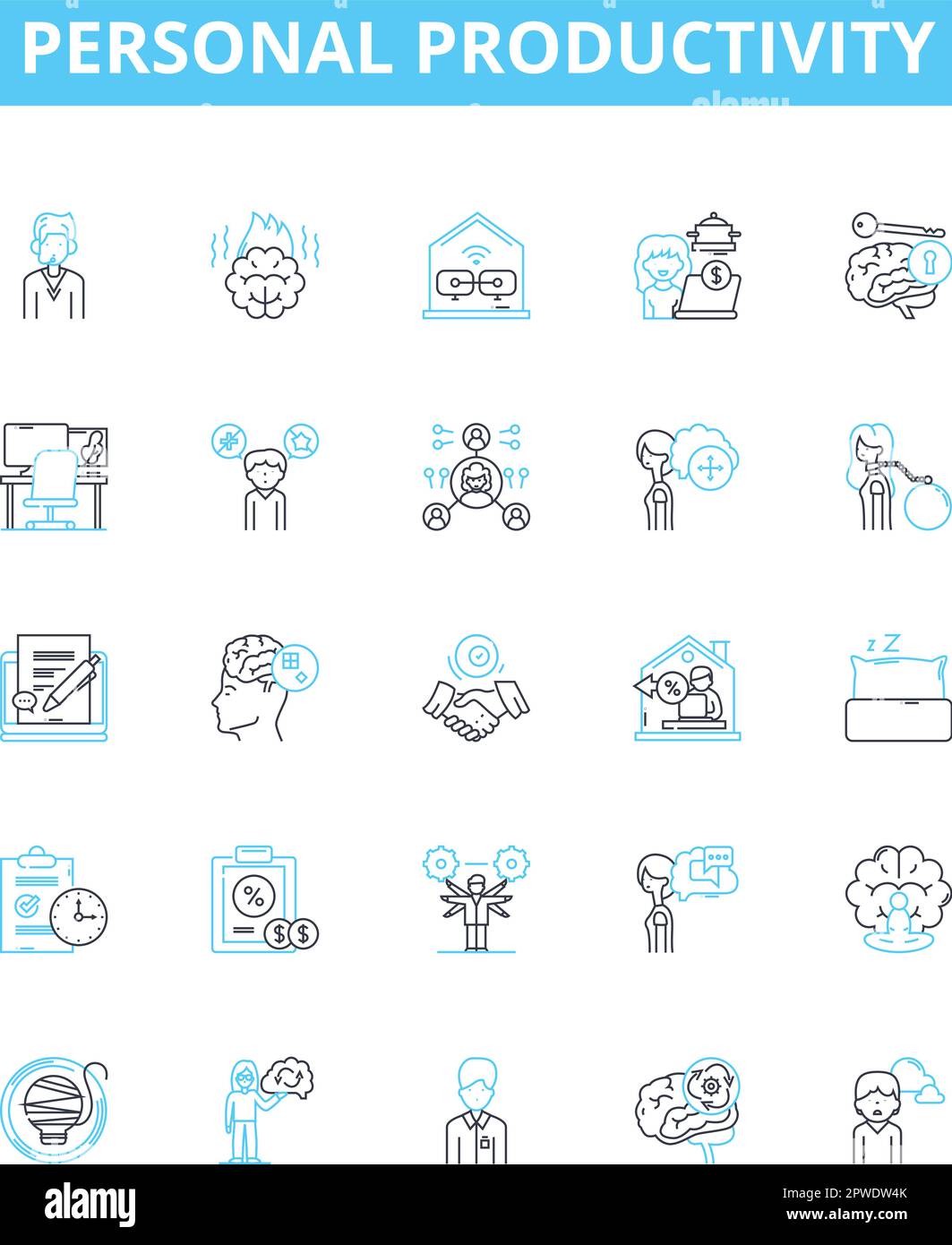 Personal productivity vector line icons set. Productivity, Personal, Time, Management, Goals, Plan, Success illustration outline concept symbols and Stock Vector