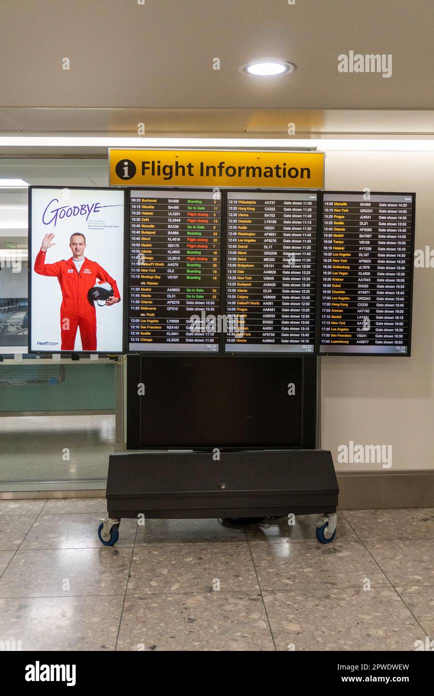 London, United Kingdom - 04-07-2023: Flight Information Board London Heathrow Terminal 3 Departures Stock Photo