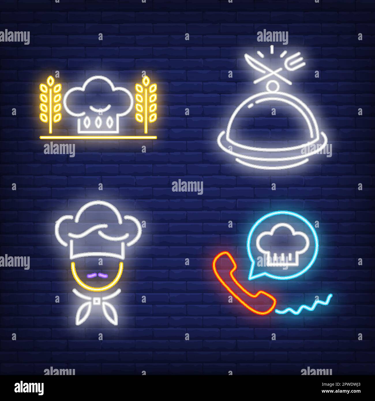 Chef, bakery, telephone food order and tray neon signs set Stock Vector ...