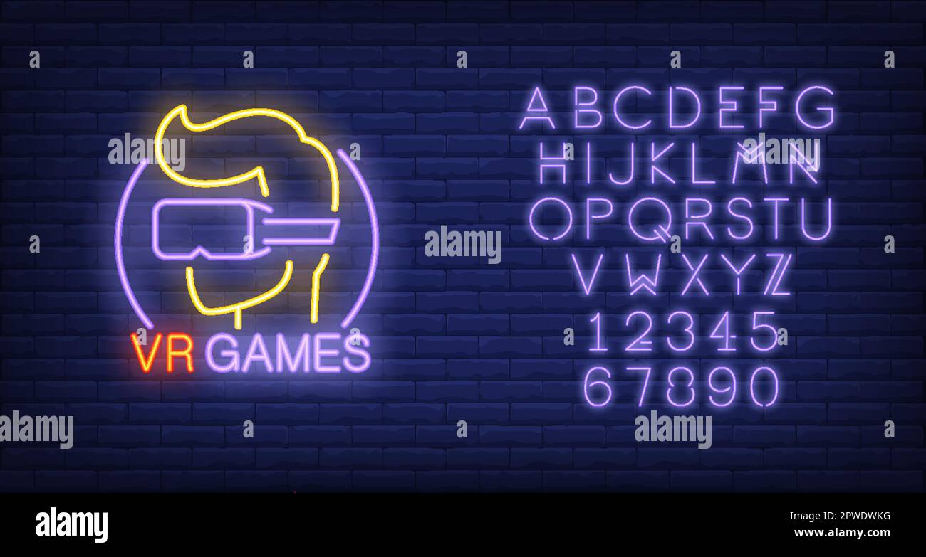 VR Games lettering and player in glasses neon sign Stock Vector Image ...