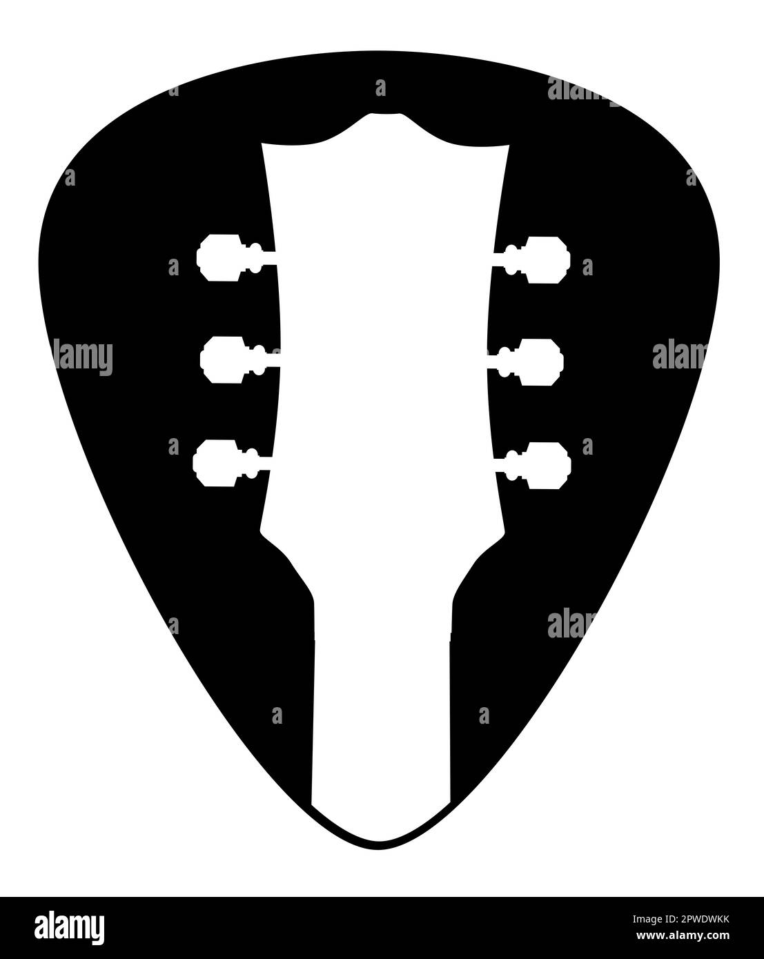 A guitar plectrum in with guitar headstock isolated on a white