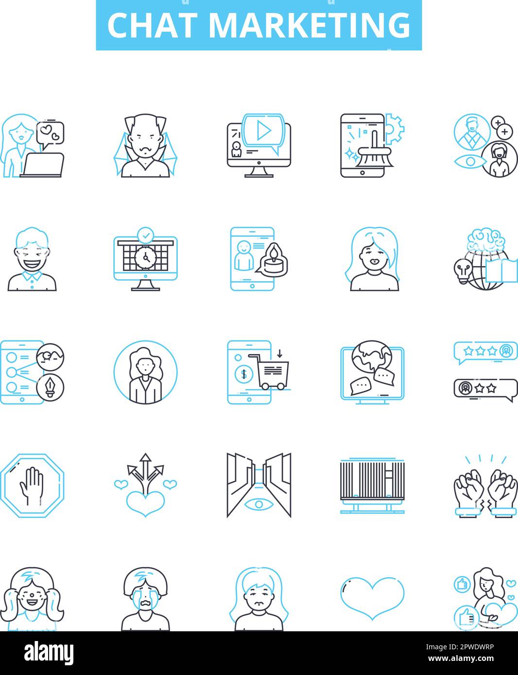 Chat marketing vector line icons set. Chat, Marketing, Automation, Engagement, Social, Strategy, Chatbot illustration outline concept symbols and Stock Vector