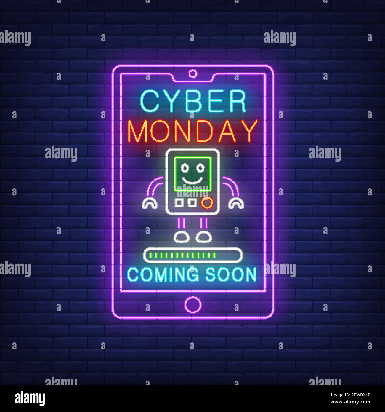 Cyber Monday Sale, coming soon neon text on smartphone screen Stock Vector