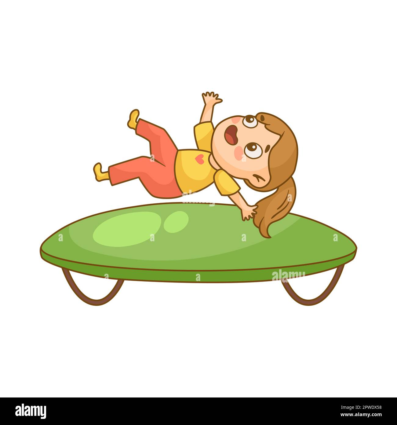 Small girl jumping on green trampoline cartoon illustration Stock
