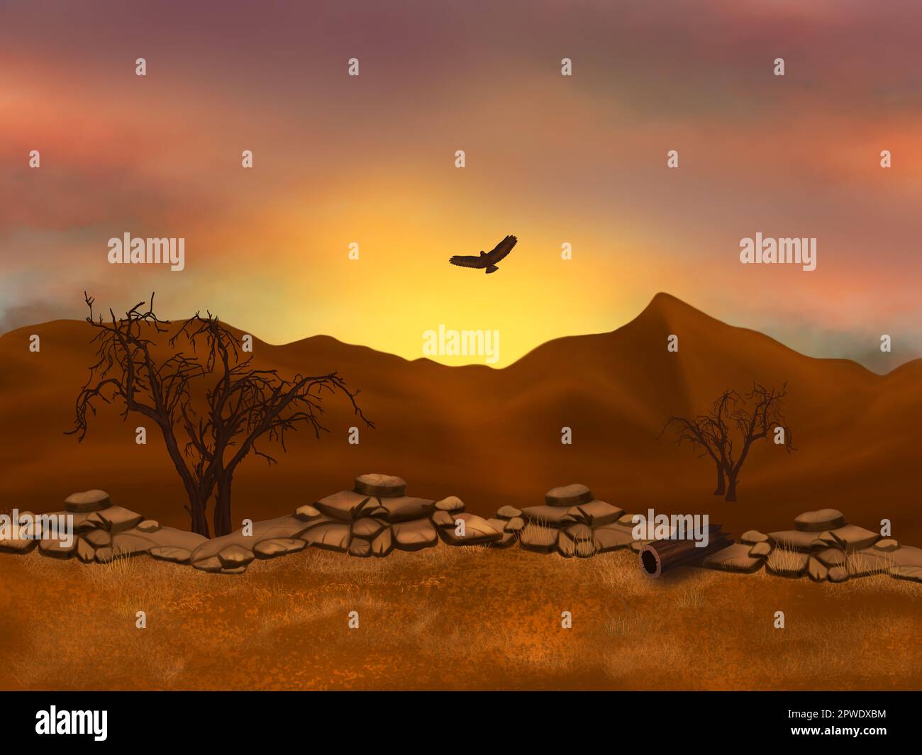 Red desert illustration. Dry trees, an eagle soaring in the sky, red mountains and piles of stones. Stock Photo