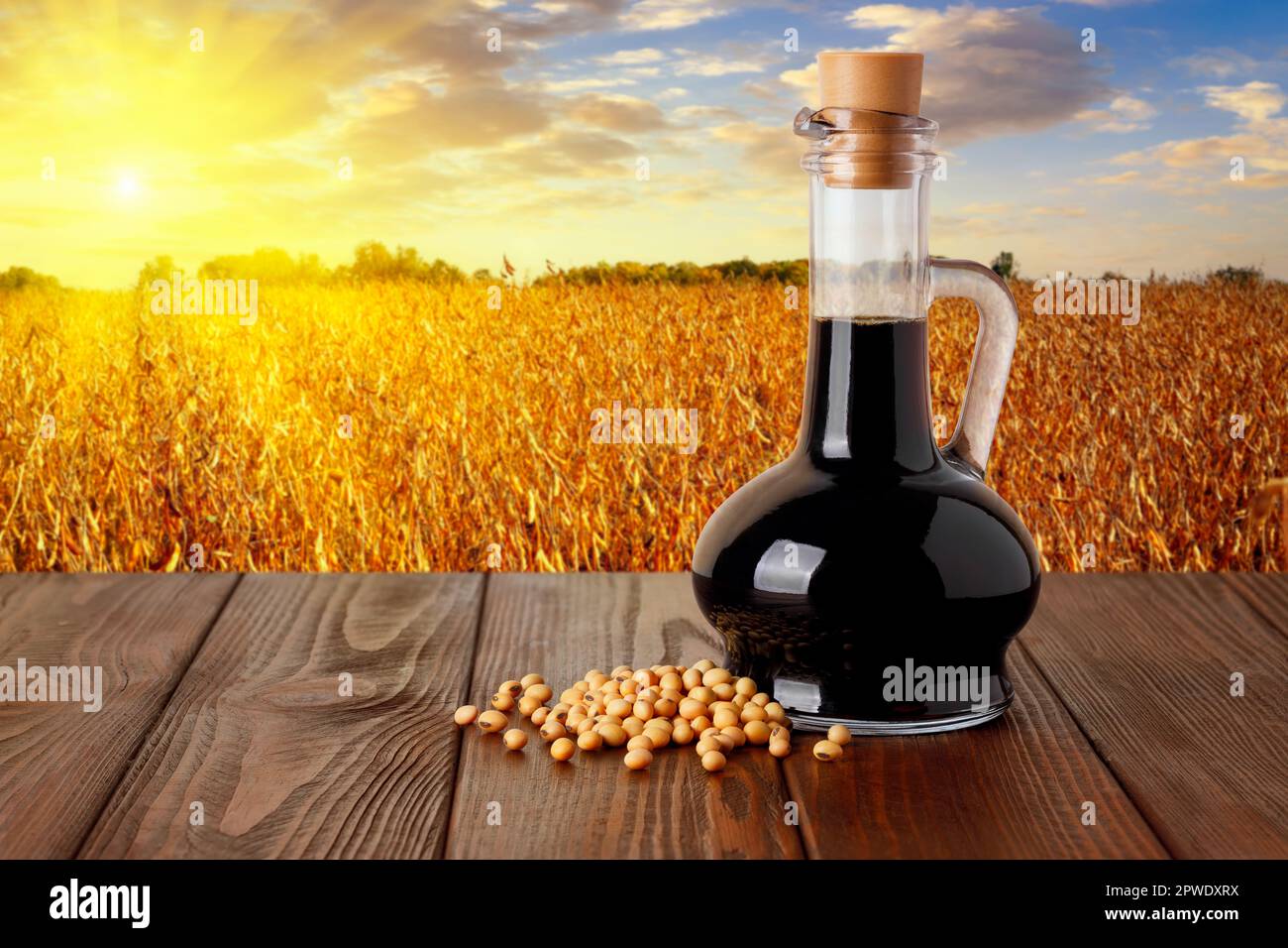 soy sauce in bottle on table and ripe soybean field on sunset as background Stock Photo