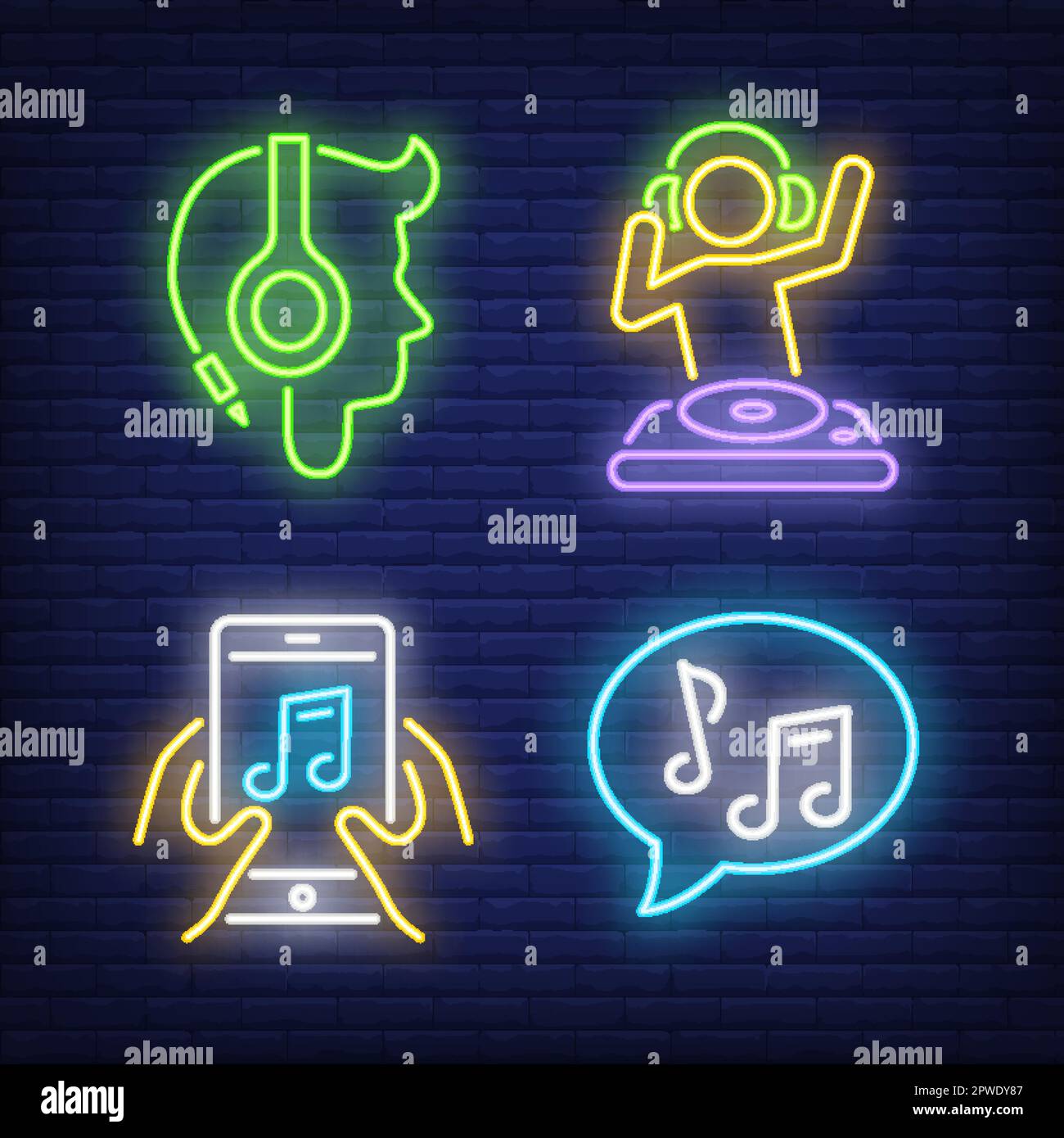 DJ, music notes, smartphone app and headphones neon signs set Stock