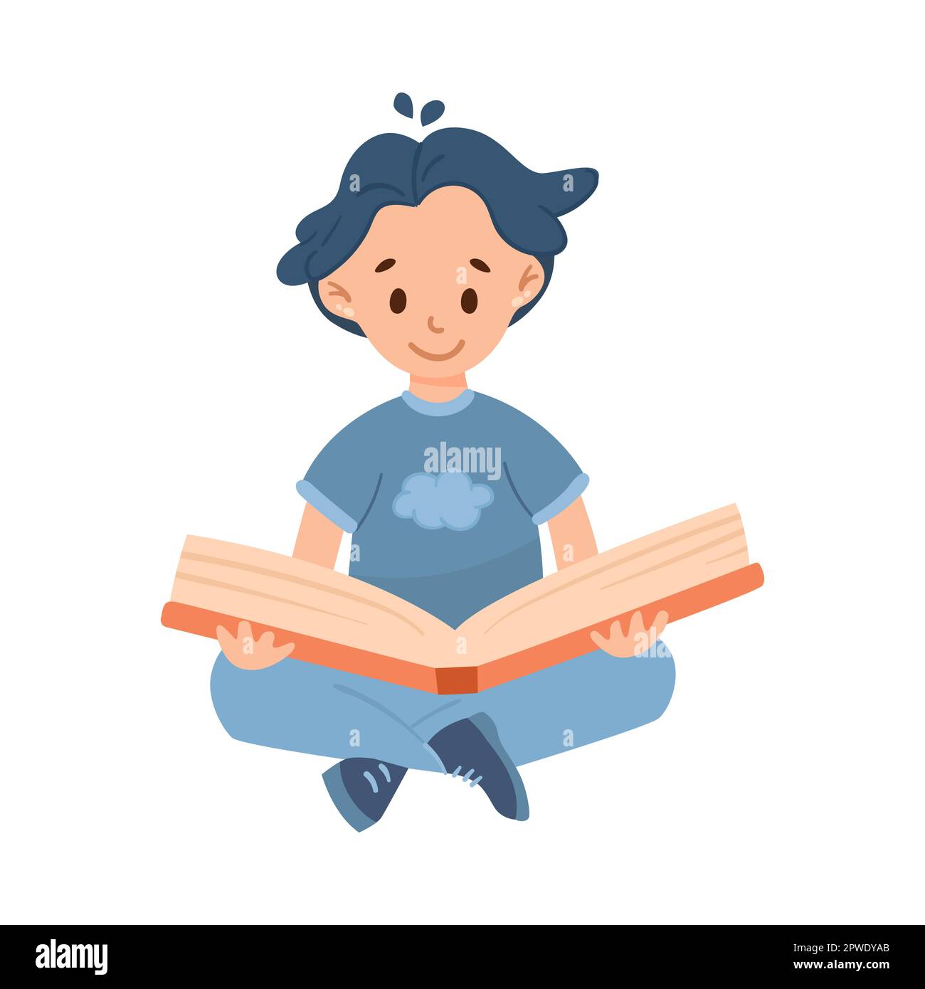Happy boy with black hair reading book cartoon illustration Stock