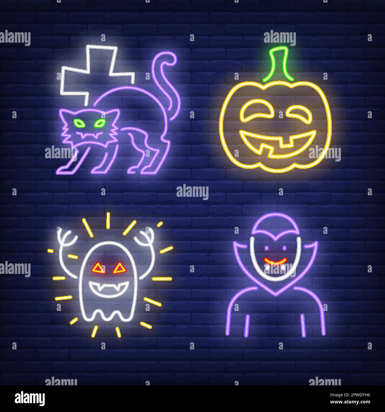 Dracula, pumpkin, cat and ghost neon signs set Stock Vector