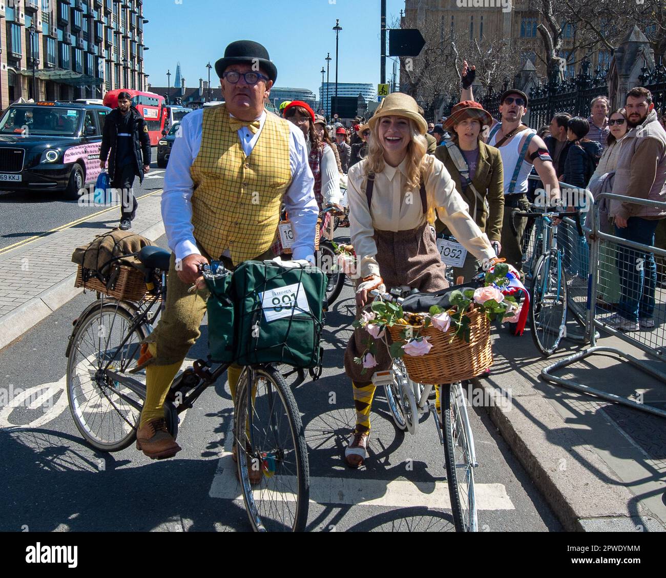Westminster, London, UK. 29th April, 2023. Cyclists taking part in the Tweed Run. They dress up in tweed once a year and cycle around London. Credit: Maureen McLean/Alamy Live News Stock Photo