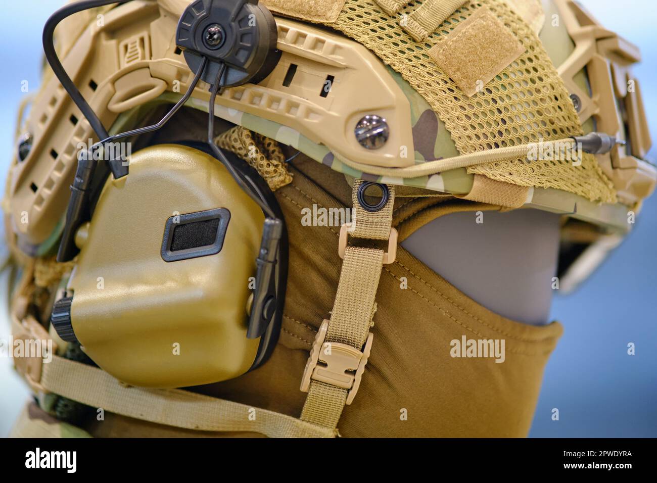 Helmet with headphones for an army radio on a mannequin. Portable