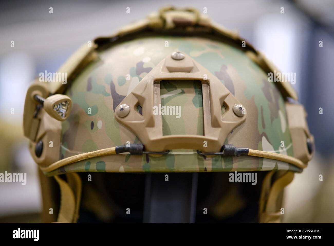 The army clothing store showcases the khaki helmet that forms part of