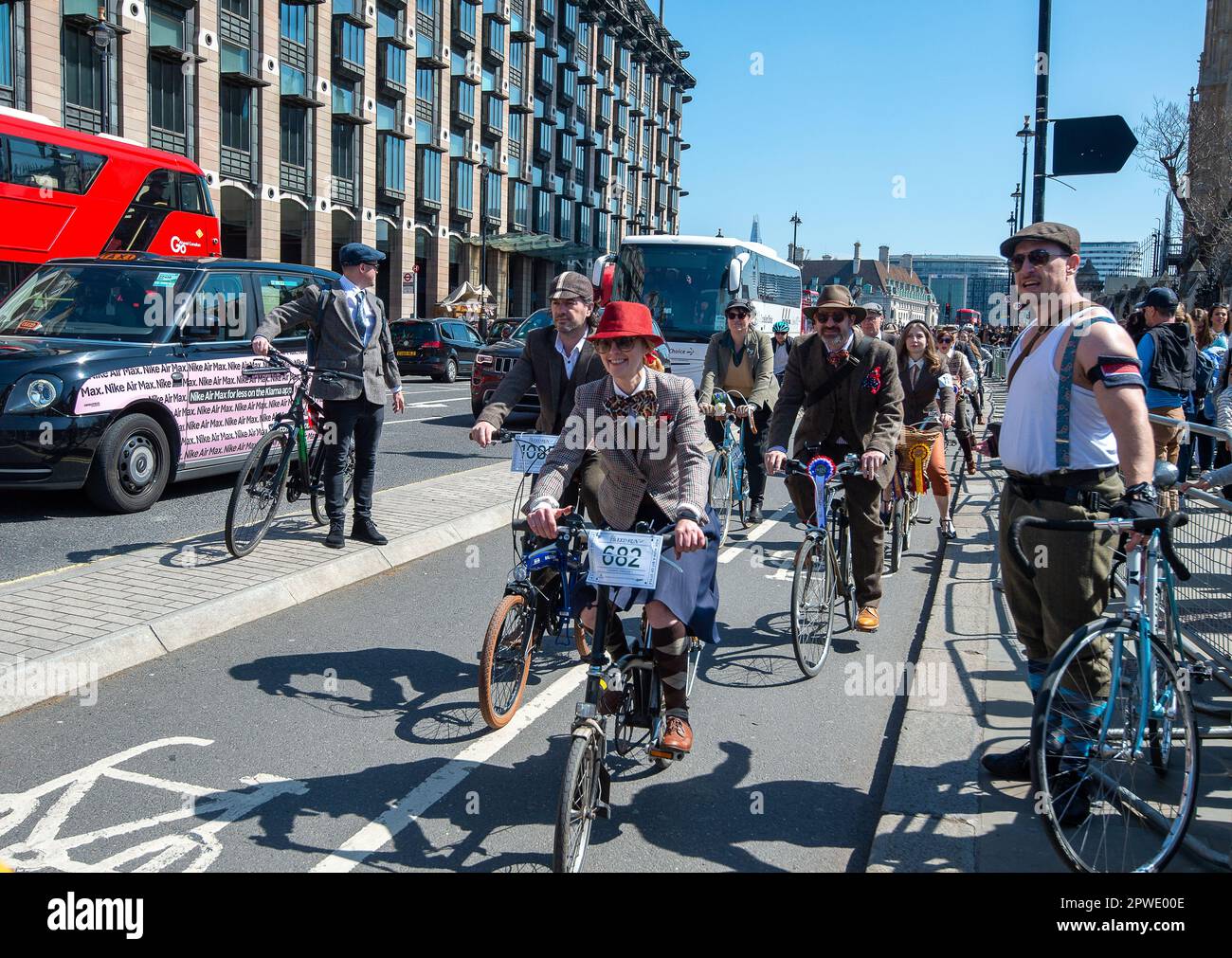 Westminster, London, UK. 29th April, 2023. Cyclists taking part in the Tweed Run. They dress up in tweed once a year and cycle around London. Credit: Maureen McLean/Alamy Live News Stock Photo