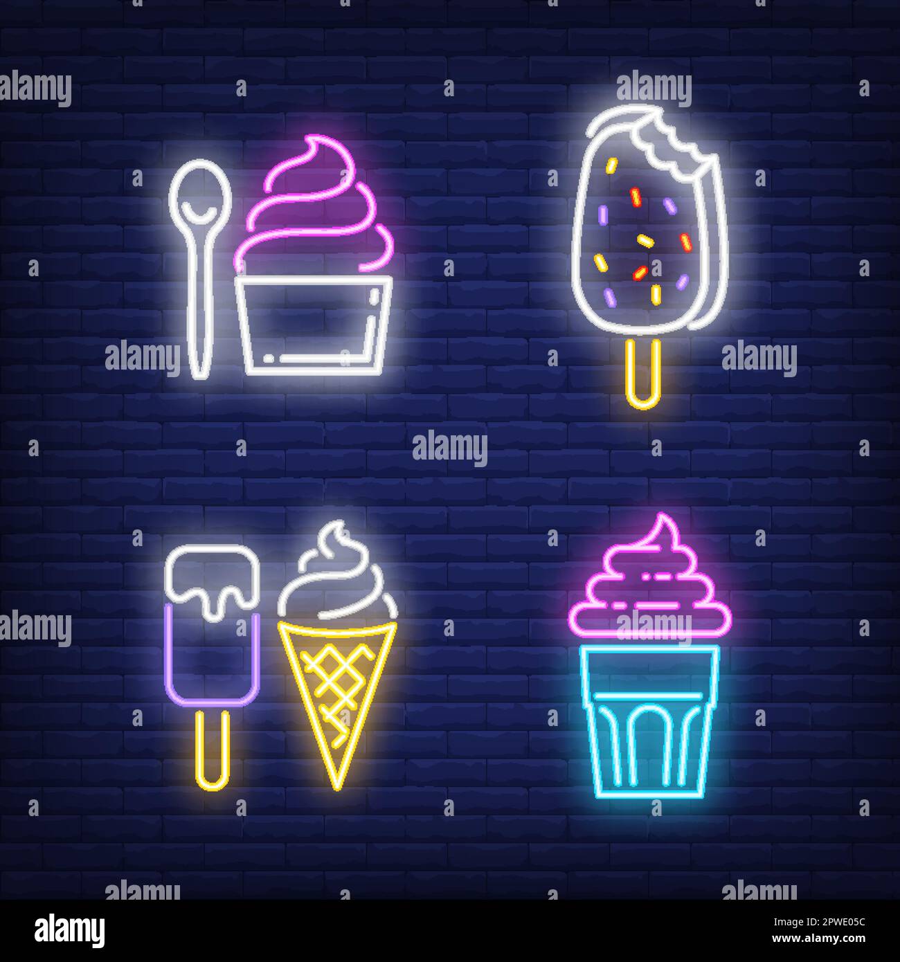 Icecream bars, cone and desserts neon signs set Stock Vector Image