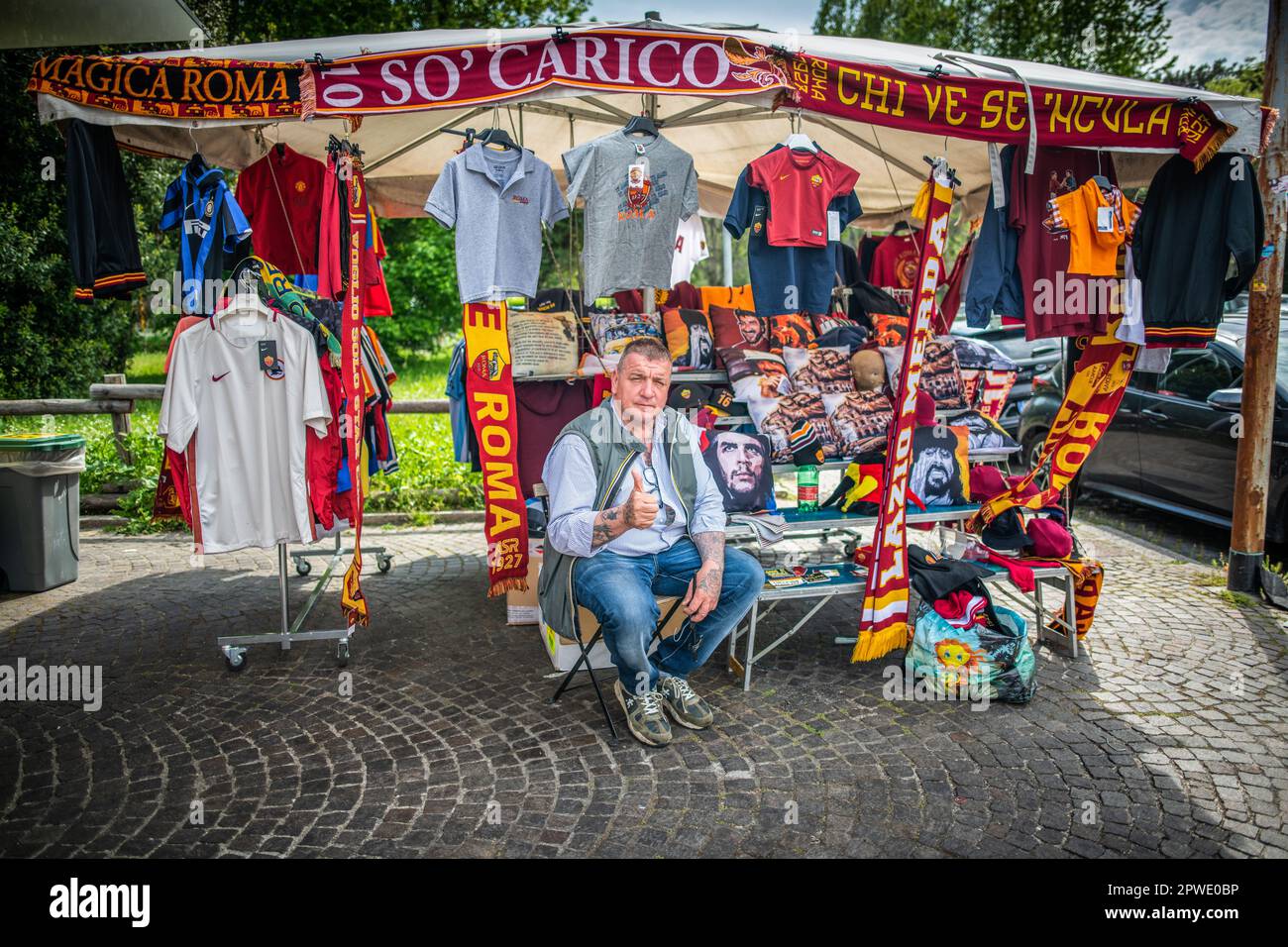 Rome, Italy. 29th Apr, 2023. The man from 'Bancarella Roma' who sells
