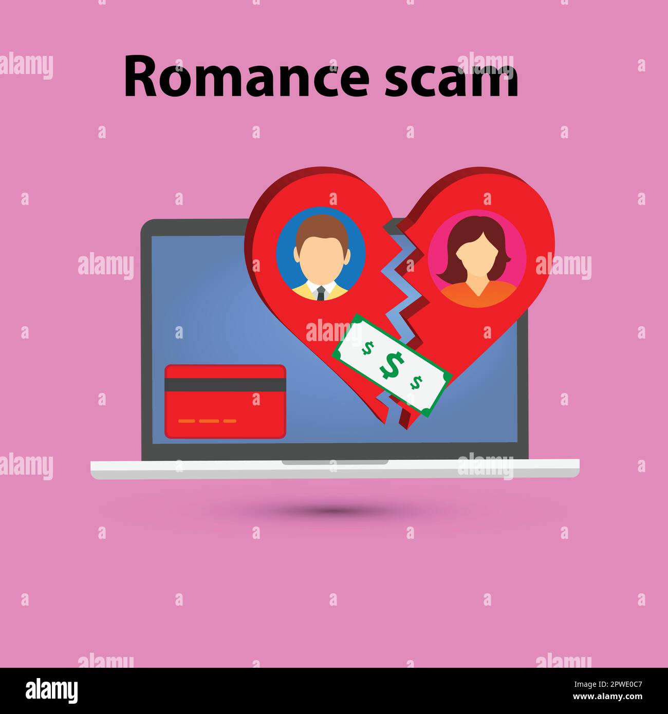 Faceless man and woman on a broken heart, dollar banknote and credit card in front of a laptop, romance scam concept Stock Vector