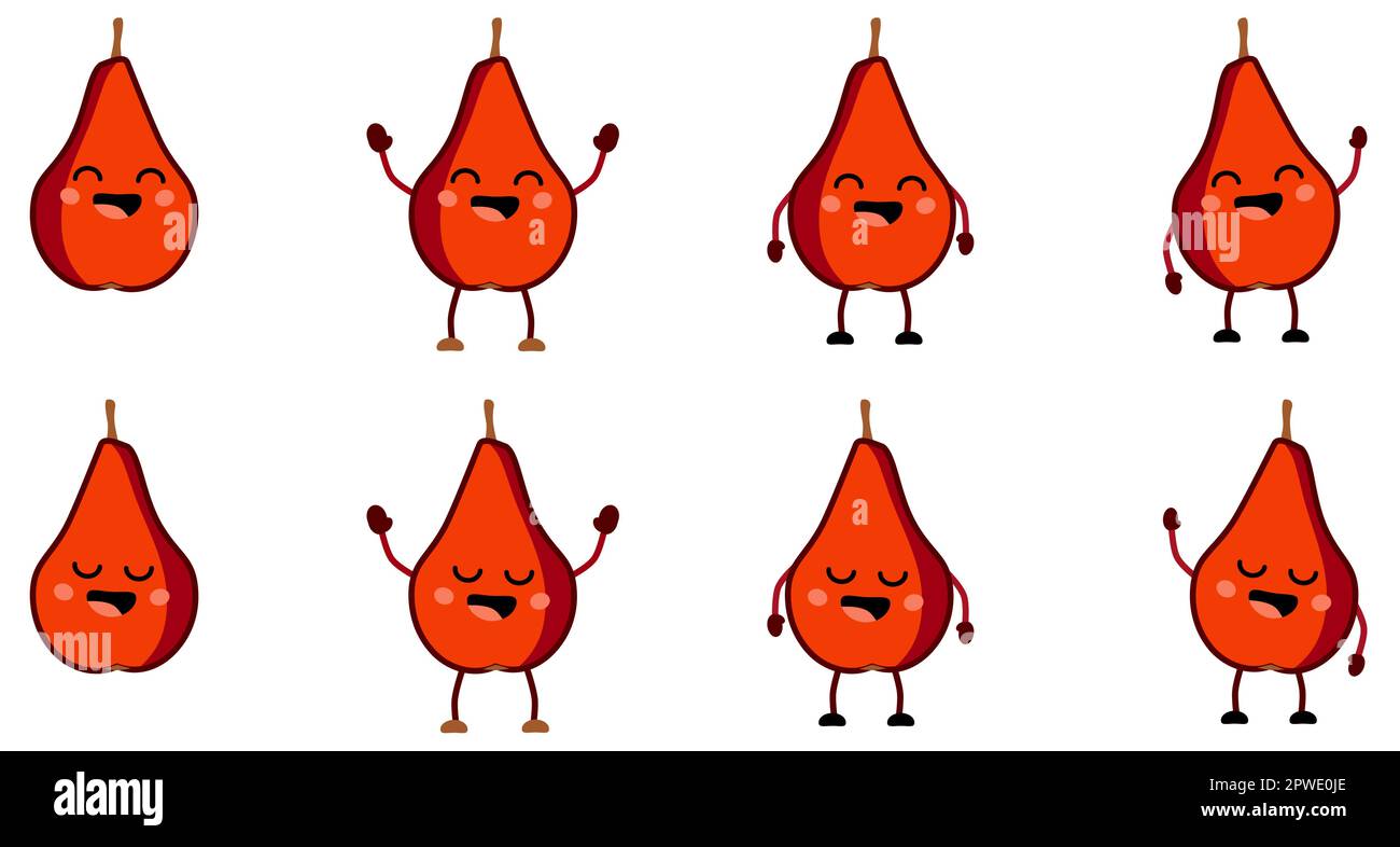 Cute kawaii style red pear fruit icon, eyes closed, smiling mouth open
