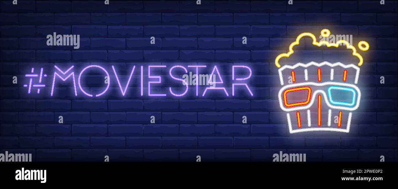 Moviestar neon text with hashtag, popcorn and 3d glasses Stock Vector