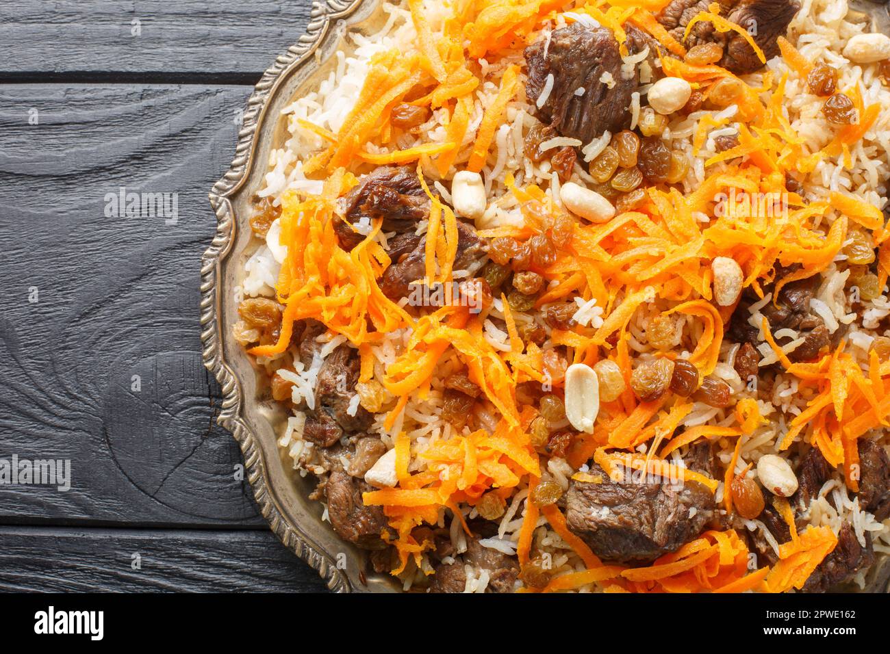 Afghan national dish Kabuli Pulao rice pilaf with lamb and raisin