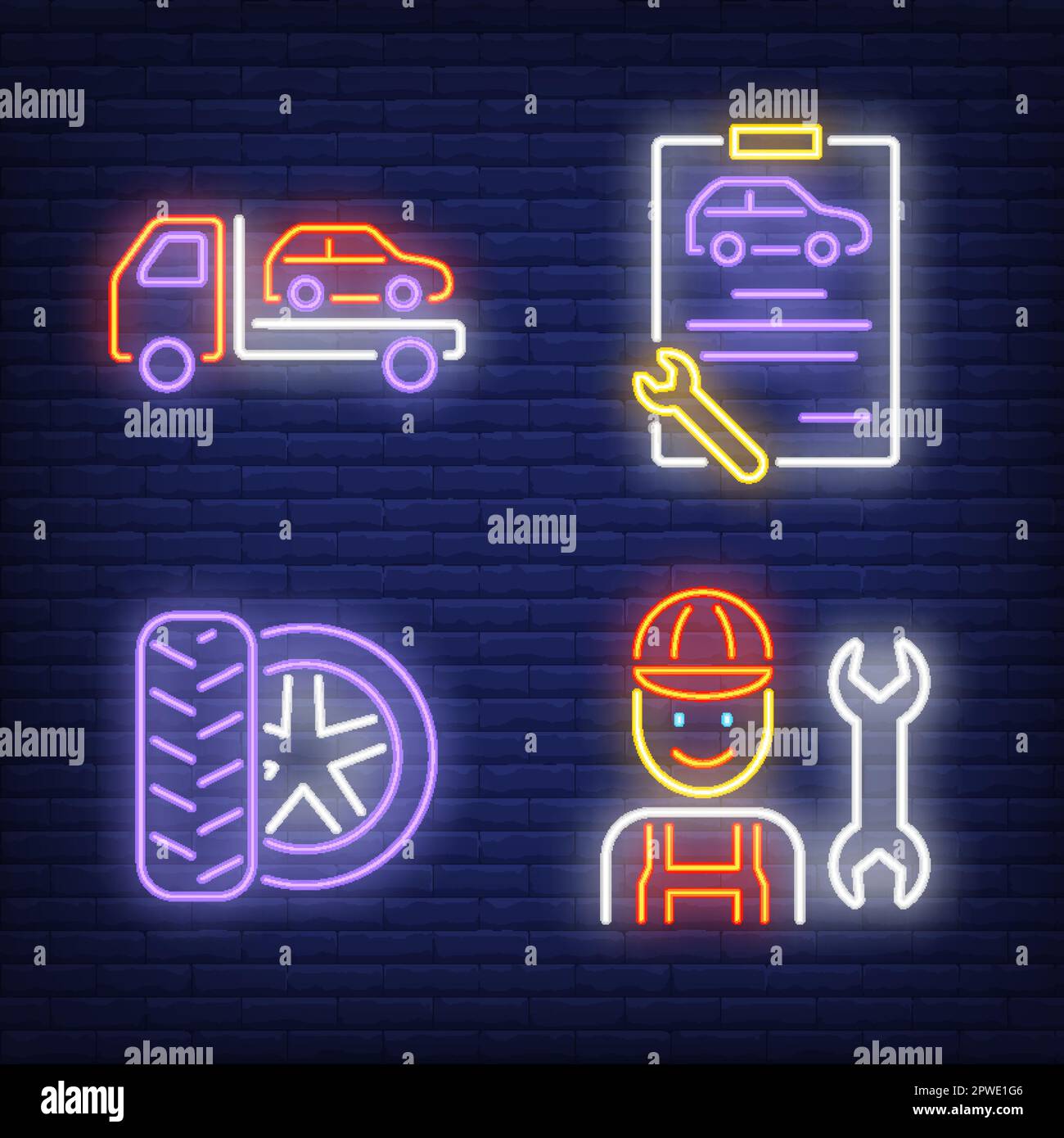 Evacuating car, mechanic, clipboard and tires neon signs set Stock Vector