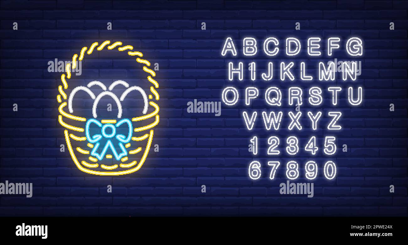 Basket with eggs neon sign Stock Vector