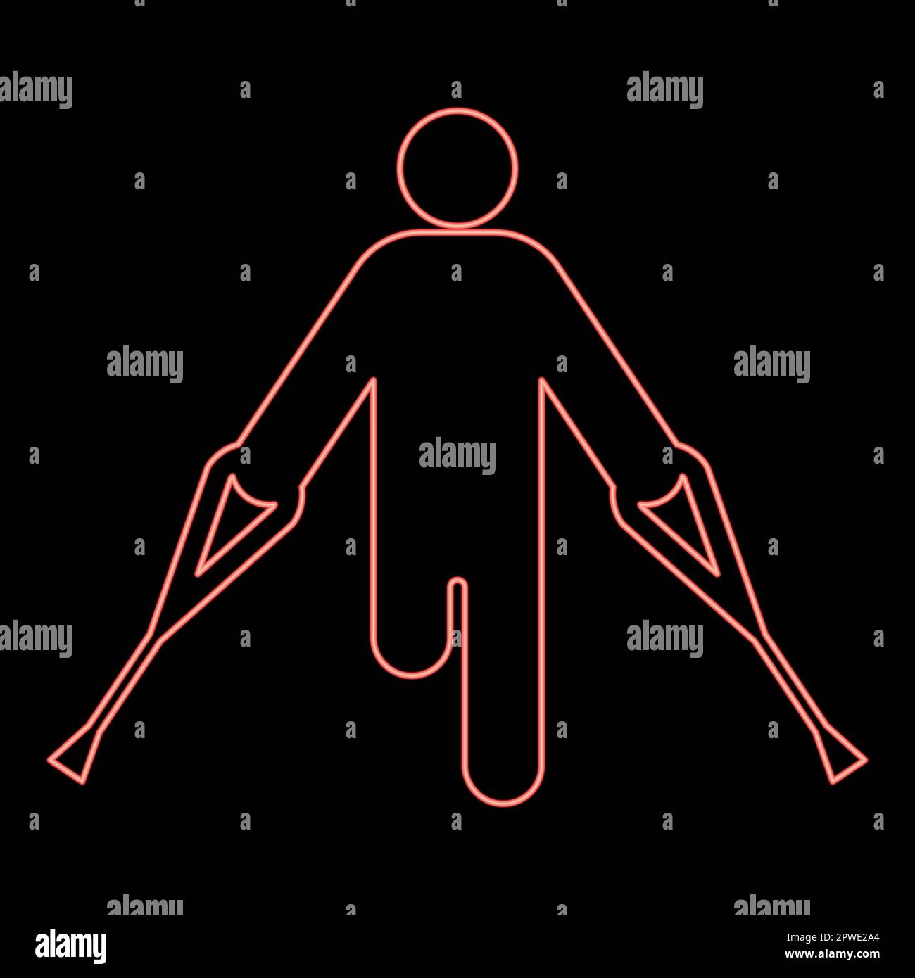 Neon man with broken leg crutch cane gypsum foot stick using sticks