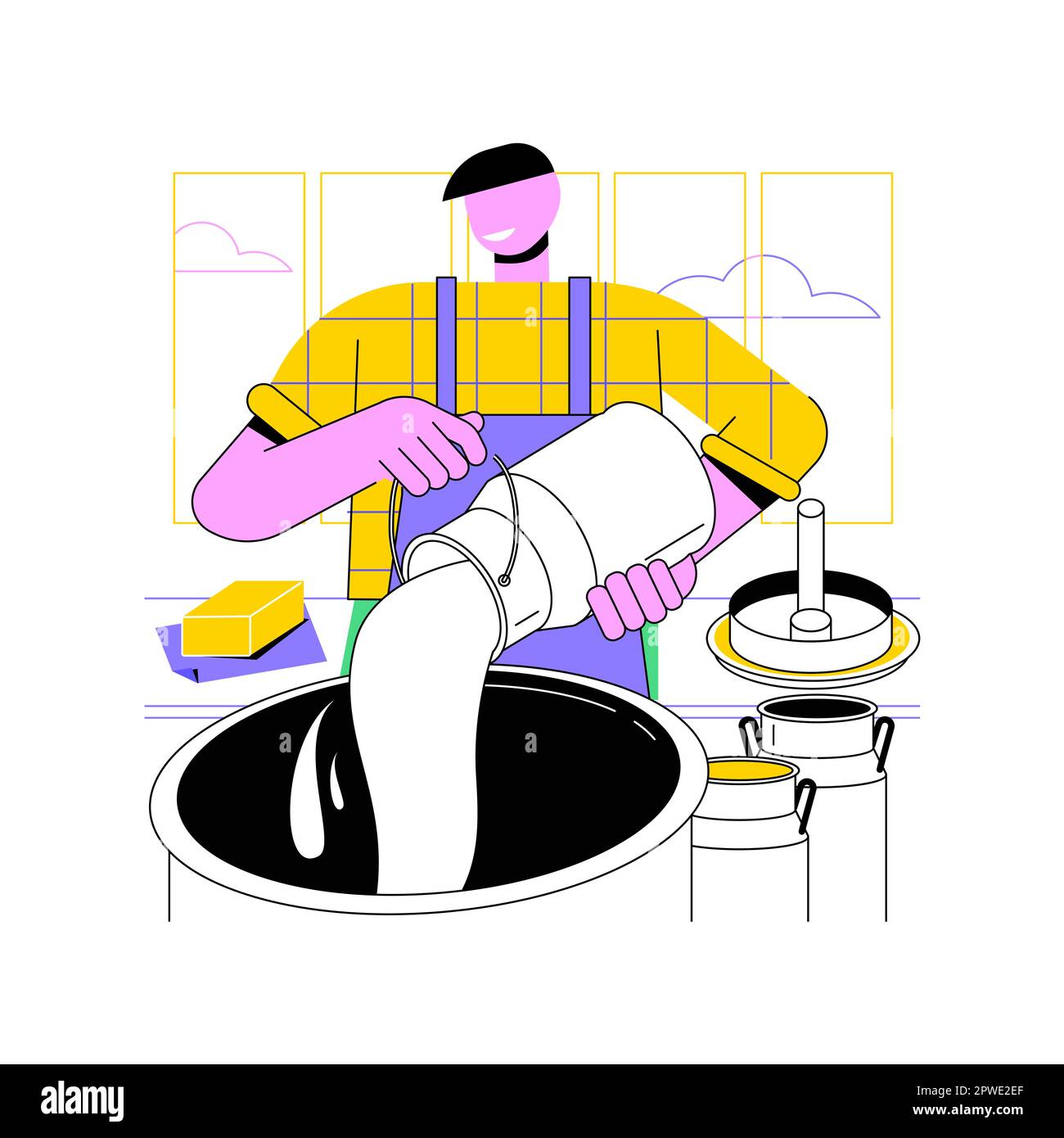 Butter production isolated cartoon vector illustrations. Man deals with butter production, agriculture industry, agribusiness idea, secondary production sector, churning milk vector cartoon. Stock Vector