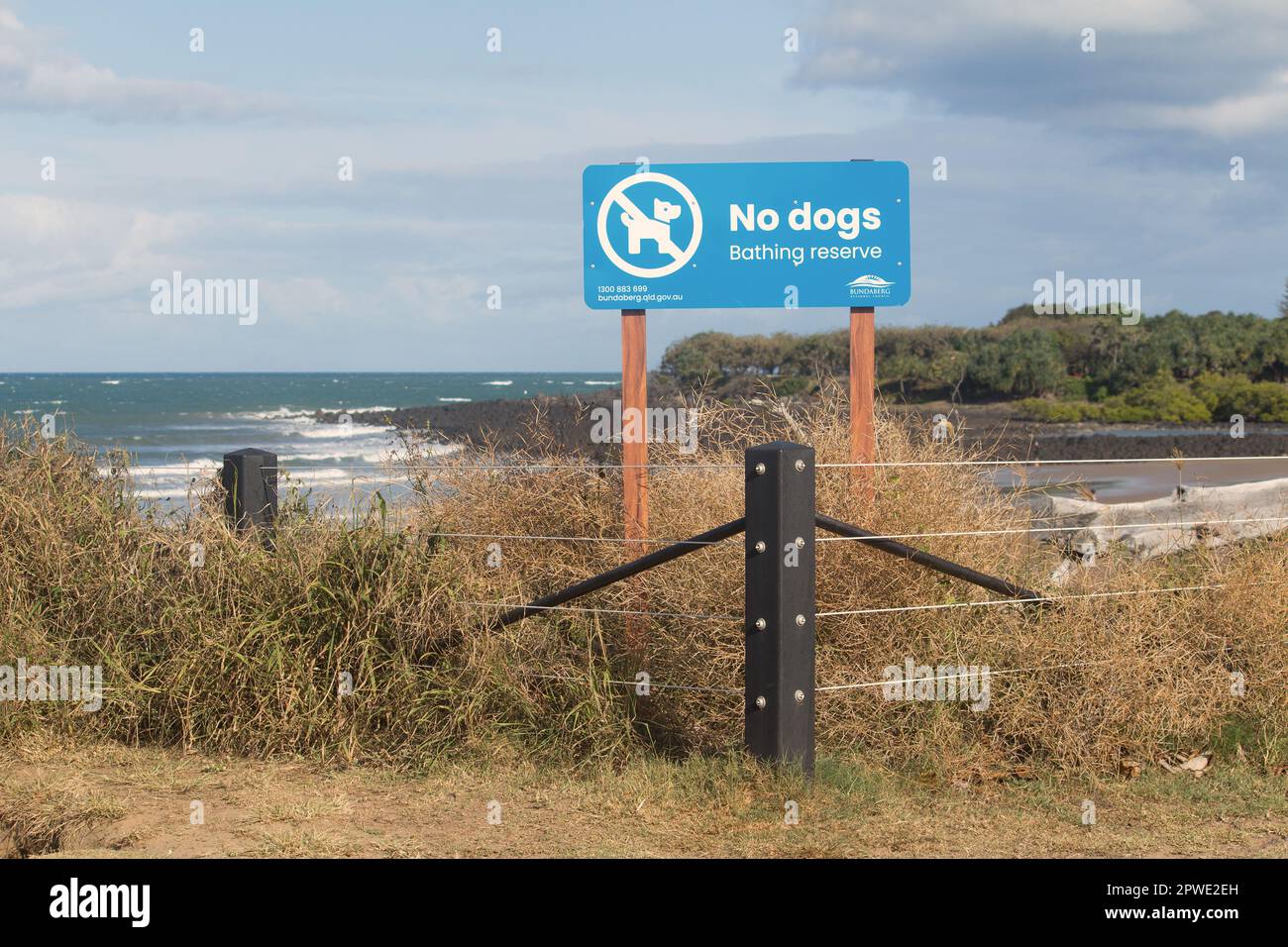 Bundaberg, Queensland, Australia. October 12th 2022. No dogs allowed sign at a bathing reserve at Bargara. Stock Photo